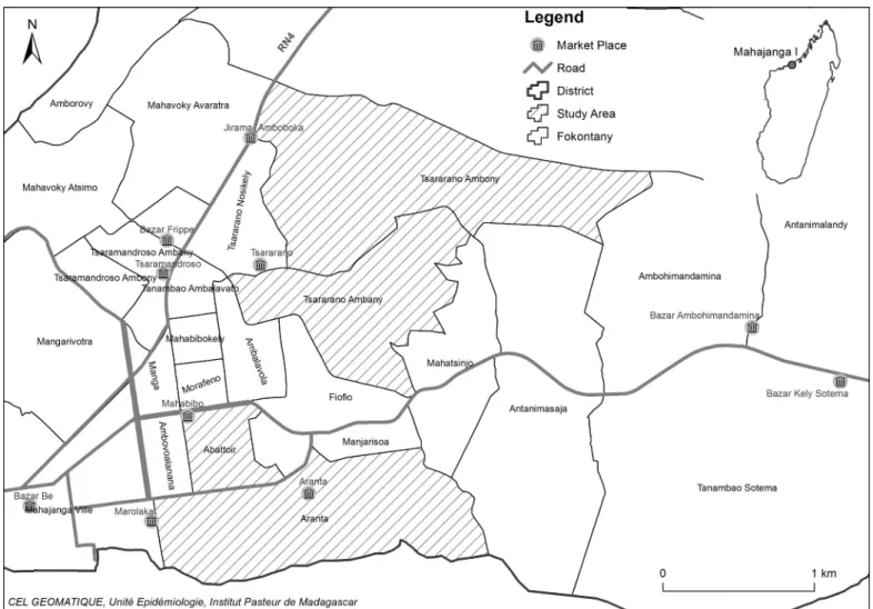 Fig 1. Map of Mahajanga city showing the location of the study areas. Data source: ArcGIS 10.4.1 for Desktop Public domain image: https://data.