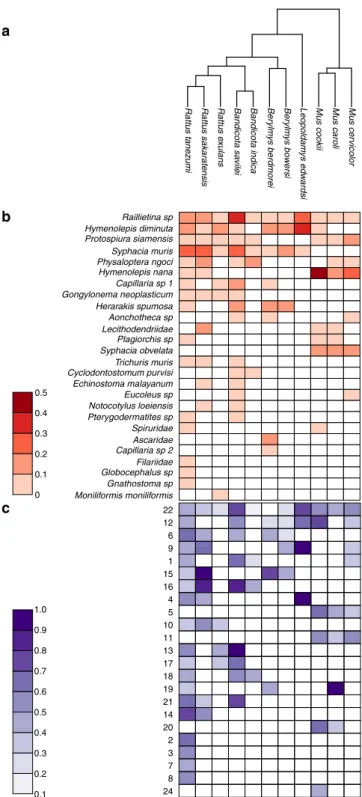 Figure 2 | Host phylogeny and the host–parasite and host-supertype matrices. (a) Host phylogeny