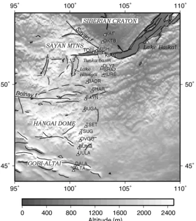 Figure 1. Topography of Western Mongolia and location of the seismological stations of the MOBAL experiment (open triangles)