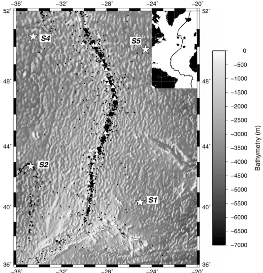 Figure 6. Bathymetric map of the Mid-Atlantic Ridge section surveyed during the SIRENA experiment