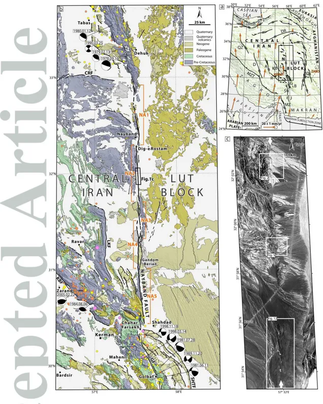 Figure 1. (a) Map of the major active faults in Central and Eastern Iran superimposed on  the shaded DEM map