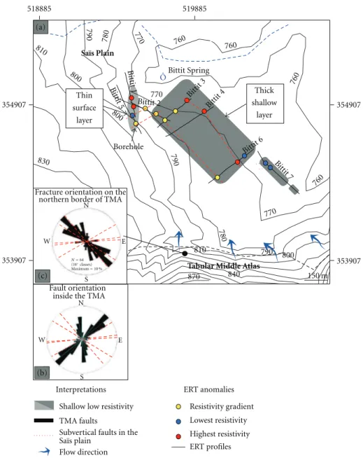 Figure 11: Map of resistivity anomalies detected from ERT, interpreted faults, and conductive zones (a)