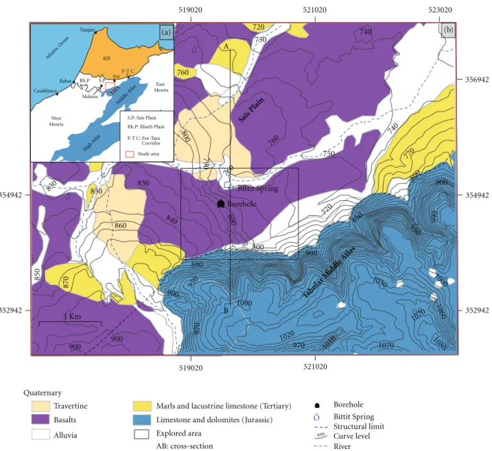 Figure 1: (a) Geographic location of study area. (b) Geological map of Bittit area with surveyed area in black rectangular.