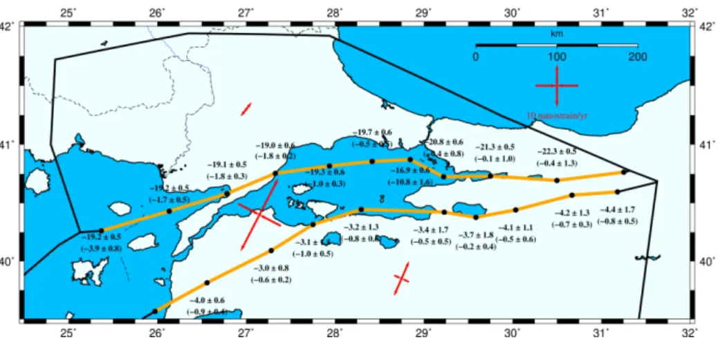 Fig. 3 Slip rates coming from the block model inversion both on the MMF and SNAF. Numbers in the parentheses are the fault-normal, (-) shows extension