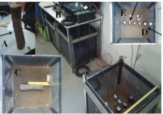 Fig. 2. Experimental device composed with A - One root sample previously analazed (Sample Nb 5, 2.1); B - Acquisition central ; C - Centering position on the tank of the burried root sample (at Z= 6cm depth); - Position of the source (D) and receivers (E)