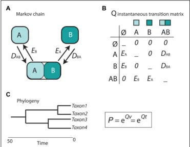 FIGURE 5 | Scheme depicting the parametric Dispersal-Extinction -Cladogenesis model (DEC)