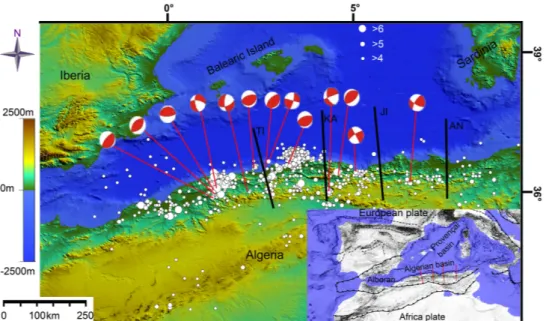 Figure 1. Topography, bathymetry by ETOPO1 1-min global relief (www.ngdc.noaa.gov) and seismicity of the Algerian margin (epicentres and focal mechanisms)
