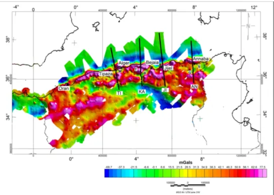 Figure 2. Free air anomaly map of northern Algeria. Solid lines mark the SPIRAL wide-angle seismic profiles (TI = Tipaza, KA = Greater Kabylia, JI = Jijel, AN = Annaba).