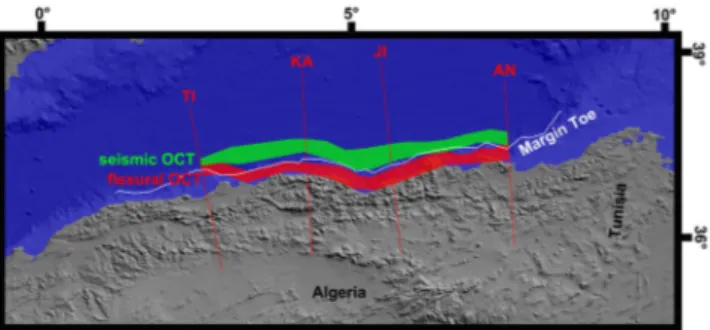 Figure 10. Interpretative cross-section of the present-day deformation on the north Algerian margin, involving a possible detachment reactivation on top of the former OCT, schematically drawn based on structure and seismic interpretation of the Jijel profi