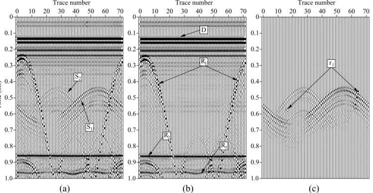 Figure 3. Seismograms obtained for φ sr = 20 ◦ with (a) and without the scatterers (b)