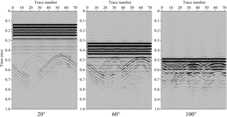Figure 5. ‘Hybrid’ seismograms for the 20 ◦ , 60 ◦ and 100 ◦ data after a synthetic direct arrival has been added to overcome the problem of source anisotropy and make the problem physically consistent with respect to wide-angle data.