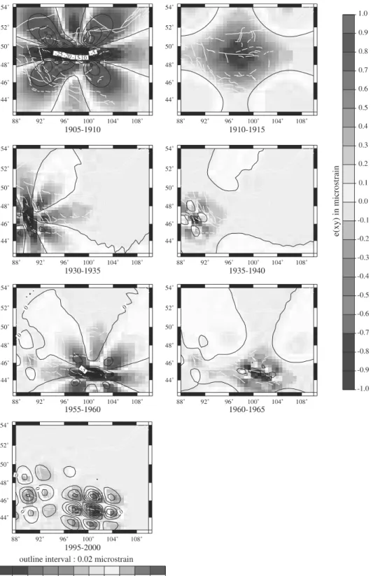 Figure 6. Map of the accumulated postseismic strain within selected 5 year periods during the following 10 years after each major events: Bolnay-Tsetserleg sequence earthquake in 1905, Fu Yun earthquake in 1931, and Bogd earthquake in 1957 and at present (