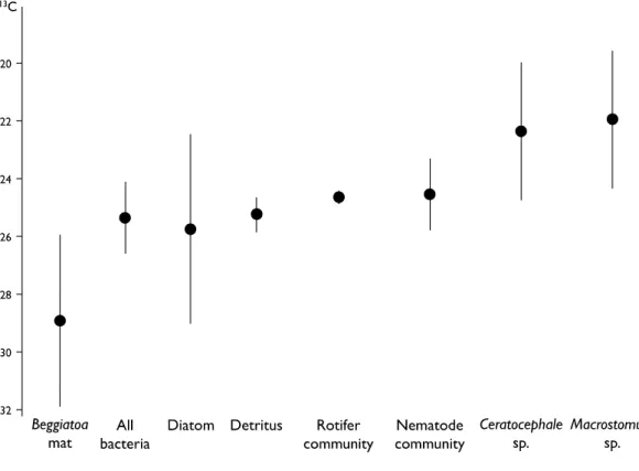 Figure 2. Mean carbon isotopic composition (‰) of food sources (Beggiatoa mat, all bacteria, diatom and detritus) and grazers (rotifer community, nematode community, Ceratocephale sp