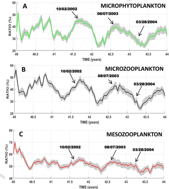 Fig. 4. Temporal evolutions of the HTL predation pressure (see Section 3.4. for a detailed definition) on mesozoo- and microplankton groups over the whole modeled domain under the two-ways coupling mode