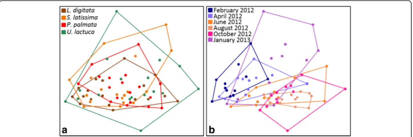 Fig. 1 Community structure of the digestive microbiota of the abalone over 1 year. Samples were grouped a posteriori according to one of the four monospecific algal diets (a) or a sampling date (b)