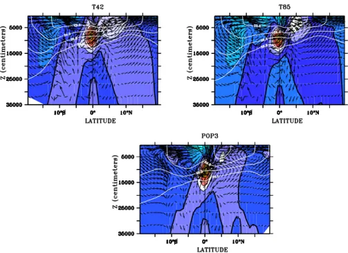 Fig. 1. mean meridional versus vertical velocity (x1e3) circulation vectors superimposed on the zonalvelocity field (contour interval is 5 cm/s for T85 and T42 – upper panels, and 10 cm/s for POP3 – bottom panel)