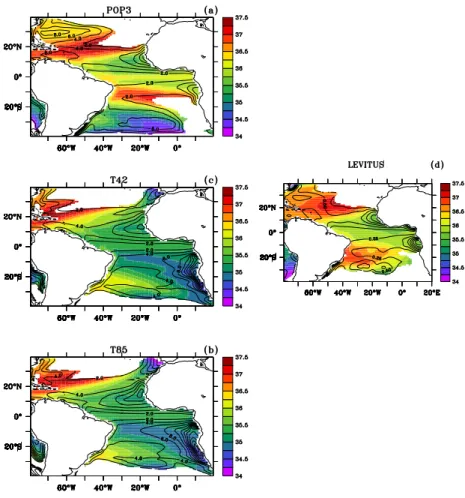 Fig. 5. Climatological mean absolute potential vorticity contours (c.i.=10 −10 m −1 .s −1 ) and Salin- Salin-ity in grams/kilogram on the σ θ =25.3 isopycnal surface as a function of longitude and latitude for (a) POP3, (b) T85, and (c) T42