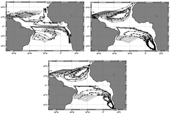 Fig. 9. Lagrangian trajectories of subducted waters on the σ θ =25.3 surface. Top: POP3, middle: T85; bottom: T42