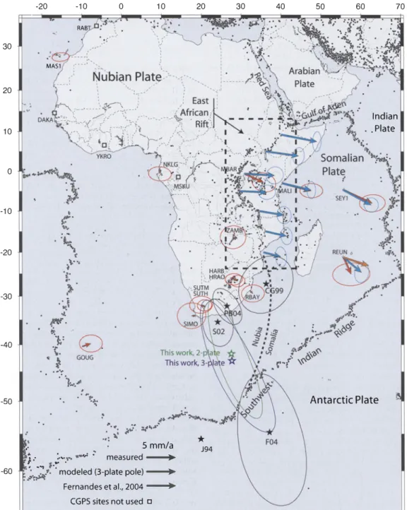Fig.  1.  GPS sites used in this study.  Dots show seismicity (NEIC catalog).  Stars  are Euler poles for Somalia-Nubia  relative motion with associated  1-sigma  error ellipse