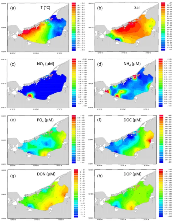 Figure 2. Mapped distribution of the physico–chemical parameters measured in the Términos Lagoon in October 2009 for (a) temperature ( ◦ C); (b) salinity; (c) nitrate concentrations (NO 3 in µM); (d) ammonium concentrations (NH 4 in µM); (e) phosphate conc