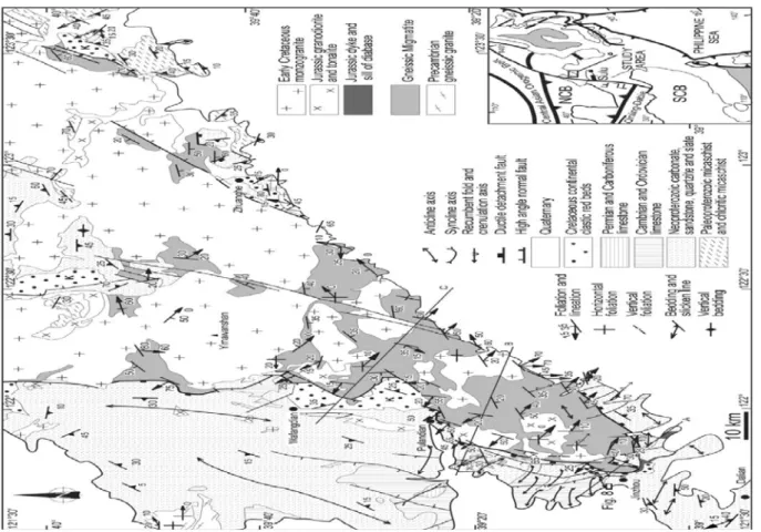 Figure 2. Structural map of the south Liaodong Peninsula massif. Inset shows the location of the  massif in East Asia