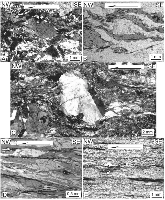 Figure 6. Photomicrographs showing top-to-the-northwest shear criteria from various lithologies: 