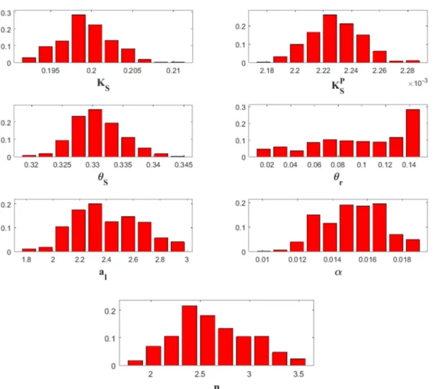 Figure 5. Histograms of marginal distribution of parameters with the linear transport model