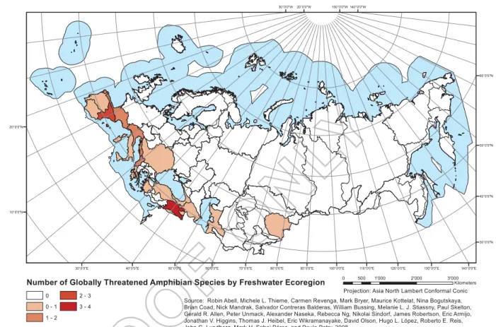 Figure 3. Number of globally threatened amphibian species by freshwater Ecoregion. Projection: North Asia Lambert Conformal Conic.