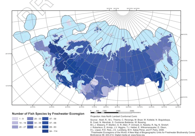 Figure 4. Distribution of freshwater ﬁ sh species richness across ECA ecoregion. Projection: North Asia Lambert Conformal Conic