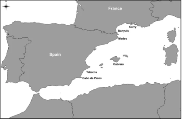 Figure 1. Location of the Mediterranean marine protected areas (MPAs) studied. 1: Carry-le-Rouet, 2: Banyuls, 3: Medes, 4: