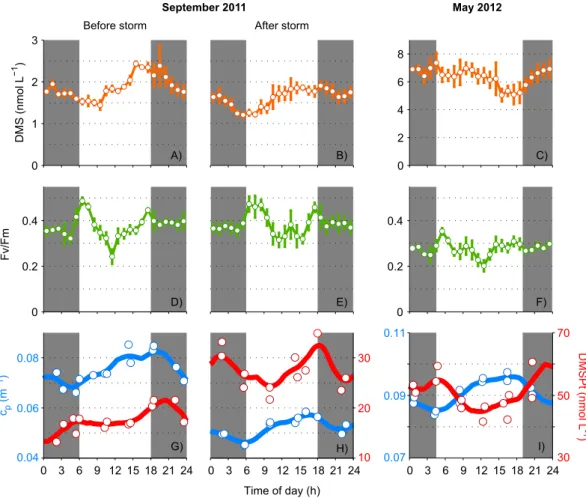 Figure 5.  Characteristic diel cycles of DMS(P) and photobiological indicators in surface waters