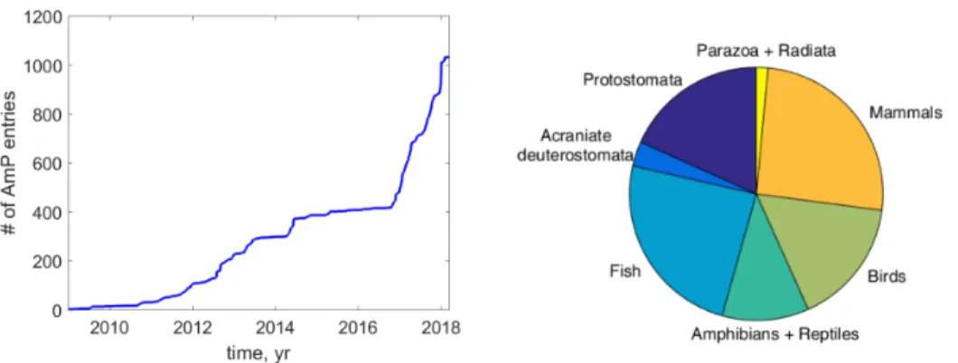 Fig 3. The number of species added to AmP in time and the relative frequency of taxa.