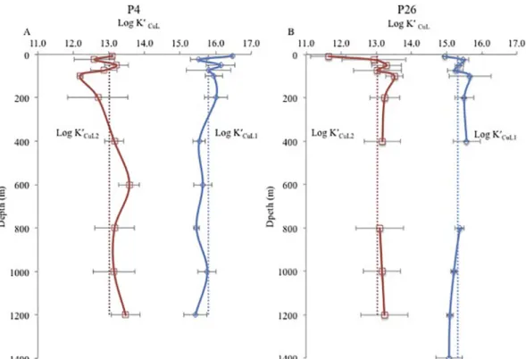 Fig. 4. The co-variation between the concentrations of dCu and L 1 for P4 and P26 in the NE Paciﬁc
