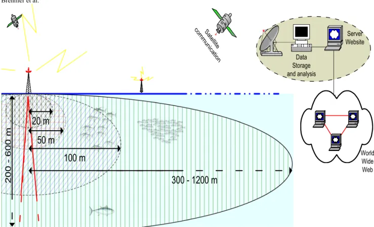 Fig. 6 Scheme of sampling distance for data collection around drifting FAD. The drifting buoy system transmits wireless data (by satellite or by radio HF near a relay) to a data storage centre, which could share scientific information using the World Wide 