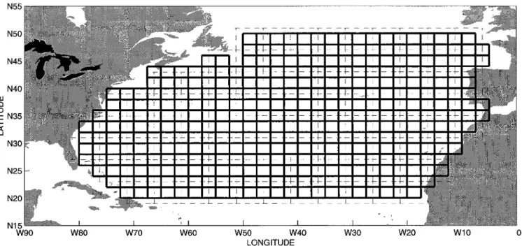 Fig. 1. The solid lines represent the 2.5° longitude ´ 2° latitude density grid of the inverse model