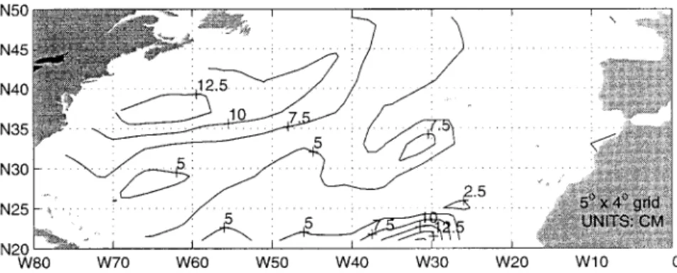 Fig. 5. Uncertainty (cm) in the 5° ´ 4° mean dynamic topography estimate of Fig. 4b
