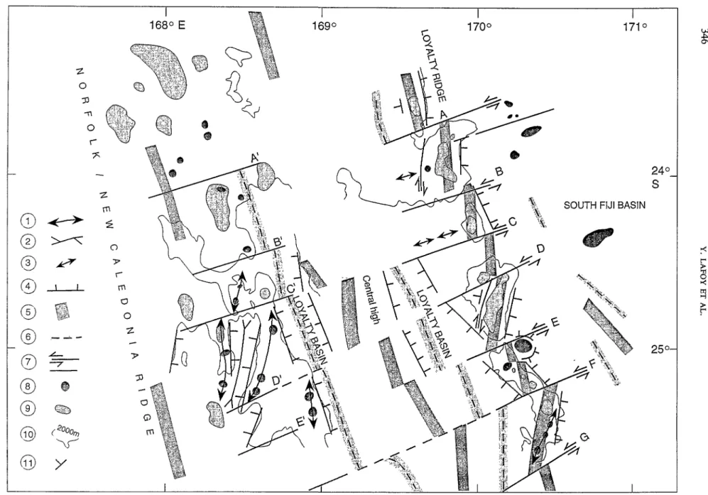 Fig.  6 .   Structural  map of  the  Southern  Box.  1:  ridges;  2:  depressions;  3:  buried  highs;  4:  normal  faults;  5:  positive magnetic lineation;  6:  negative  magnetic lineation;  7:  strike slip/ 