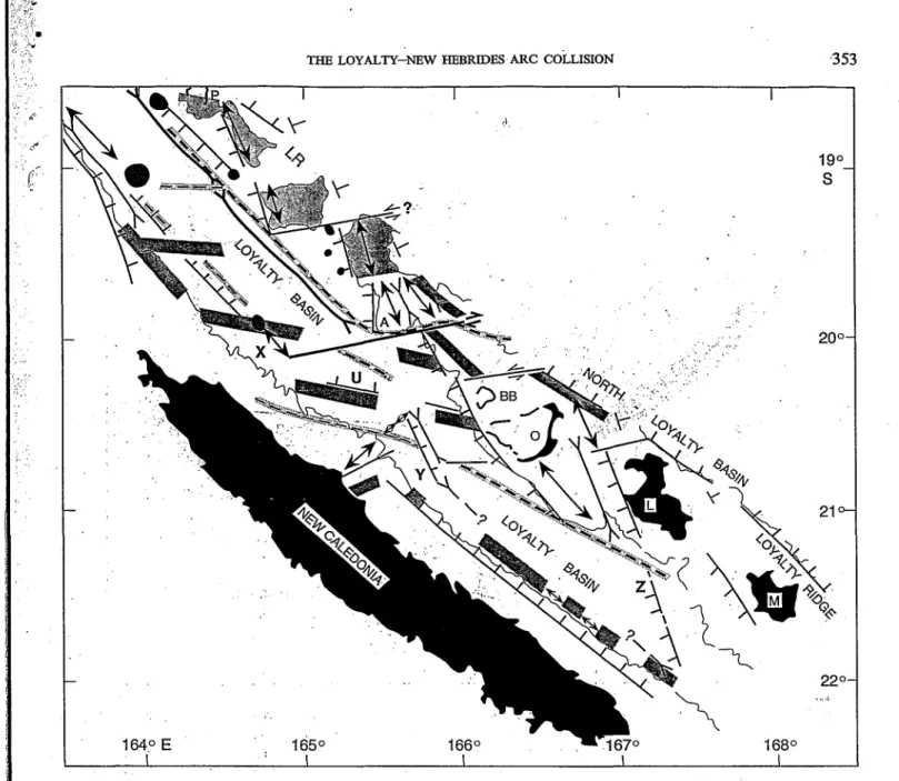 Fig.  ll.  Structural map of the Northern Box. For  Figure caption see Figure 6. L R  Loyalty Ridge; P: Pétrie Reef;  A  Astrolabe Reef; BB: 