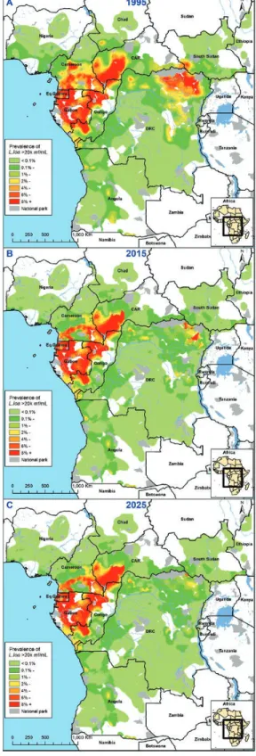 Figure 2 maps the expected prevalence of hypermicrofilaremic  L. loa cases, showing a substantial decline over time, particularly  in the Democratic Republic of Congo (DRC) and Cameroon