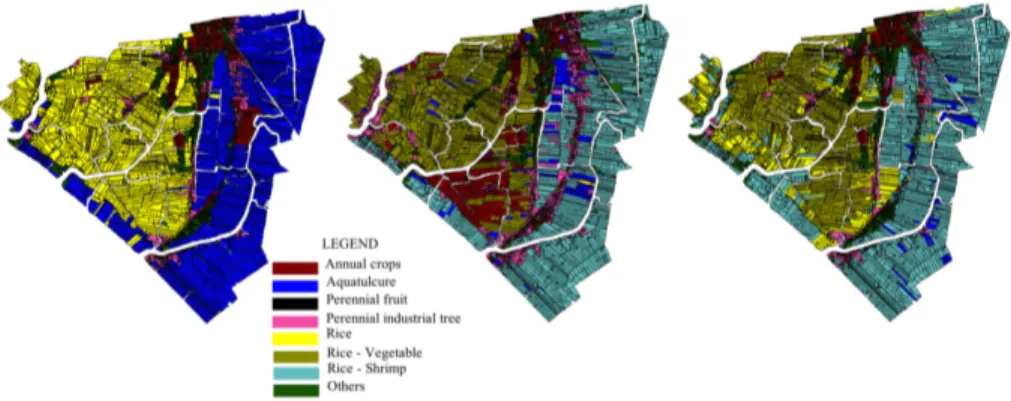 Fig. 5. Land-use for 2005 (left); land-use obtained for 2010 with the simulation (middle); ob- ob-served land-use for 2010 (right)