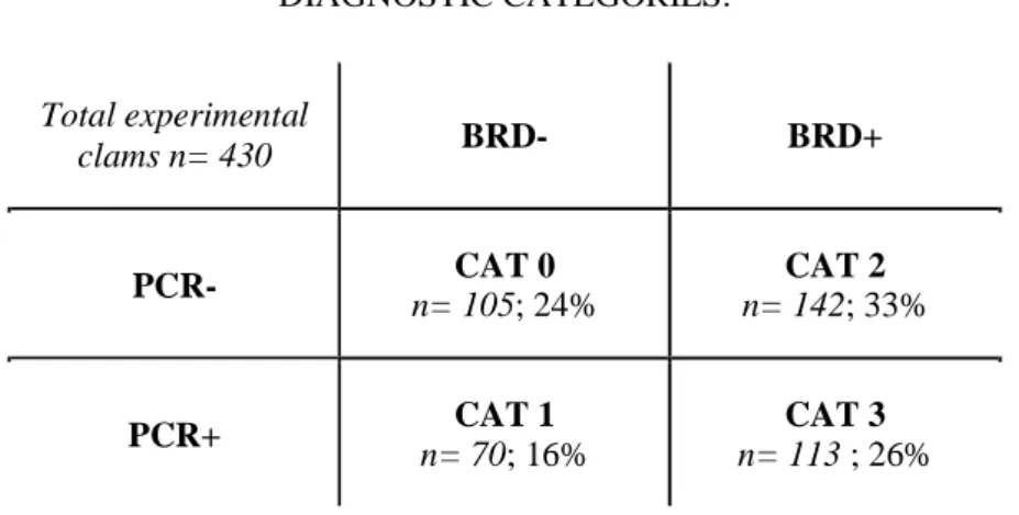 Table 1: Dual diagnosis through visual inspection of the inner surface of both valves (BRD+ or BRD-) and PCR  amplification of the virB4 gene region of 173 bp (PCR+ or PCR-) allows for distinction between 4 categories,  ranging from CAT 0 (uninfected post-