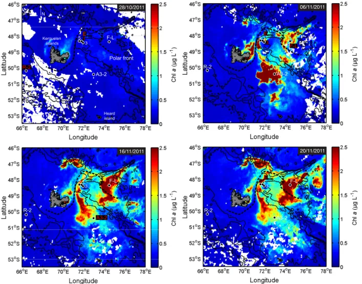 Figure 1. MODIS-Aqua satellite (CLS-CNES) images of surface chlorophyll a concentration (Chl a) at different bloom stages from 28 Oc- Oc-tober to 20 November 2011