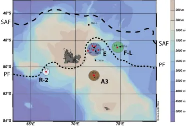 Figure 1. Stations map of 234 Th measurements during the KEOPS2 expedition. Also, shown are the positions of the subantarctic front (SAF) and the PF adapted from Park et al