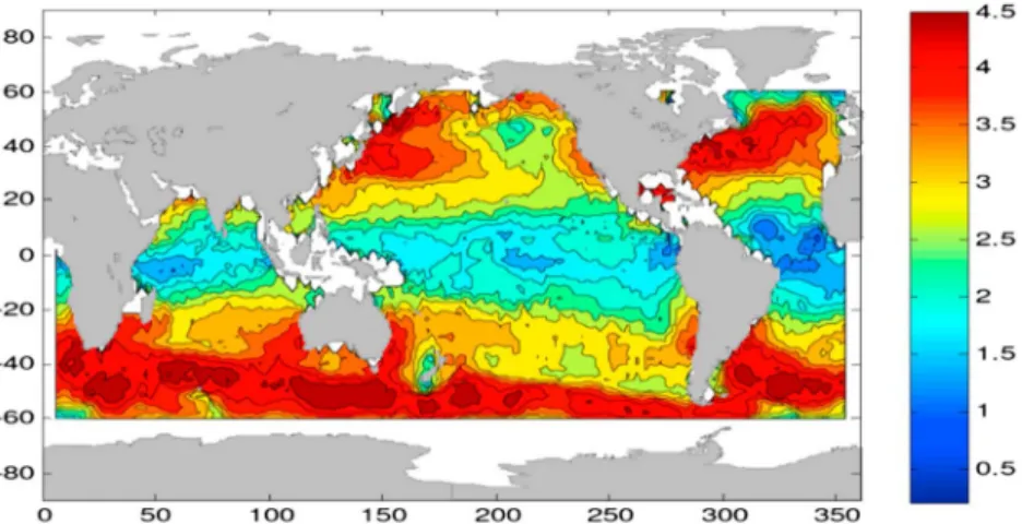 Figure 6. Global distribution of the spectral slopes (k −n ) of sea surface height wavenumber spectrum in the