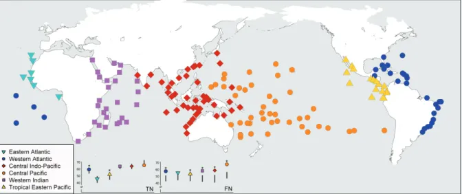 Figure 3. Map of 169 sites that correspond to reef fish assemblages distributed across six biogeographic regions