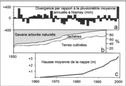Fig. 4 – Evolutions comparées depuis 1950-60 de la  pluviométrie (4-a ; moyenne de 567 mm.an -1 ),    de l’occupation des sols (4-b ; hors plateaux latéritiques,   soit 75 % du paysage)  et du niveau moyen de la nappe libre   (4-c ; calculés sur plus de 50