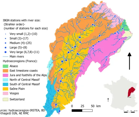 Figure 1. Saône basin: hydroecoregions, main rivers and IBGN monitoring stations network