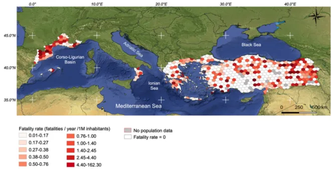 Figure 6. Fatality rate by 50 × 50 km grid cell based on the quantile classification excluding 0.00 values