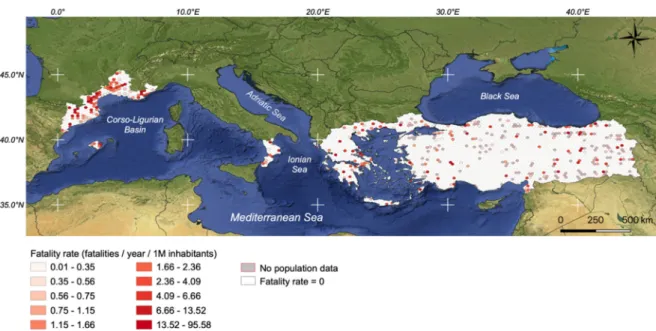 Figure 7. Fatality rate by 20 × 20 km hex grid cell based on the quantile classification excluding 0.00  values