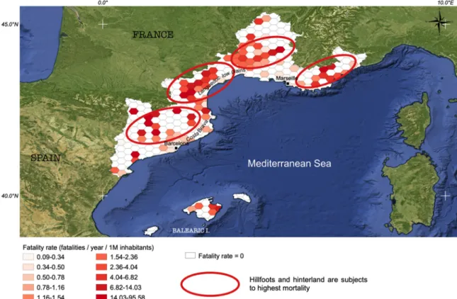 Figure 8. A focus on the western Mediterranean Basin (Catalonia, Southern France, and Balearic  Islands) with a hex 20 × 20 km grid, based on the decile classification excluding 0.00 values